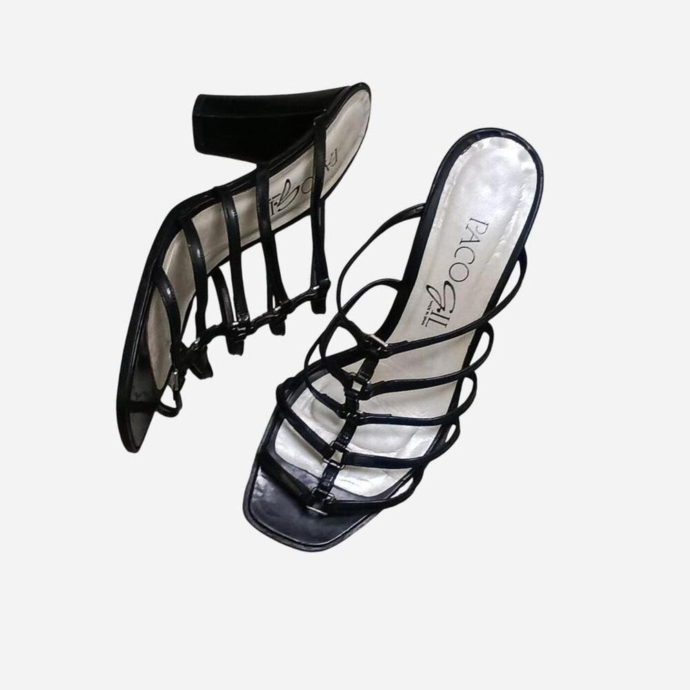 Paco Gil Vintage Black Patent Strappy Block Heel Sandals 7.5